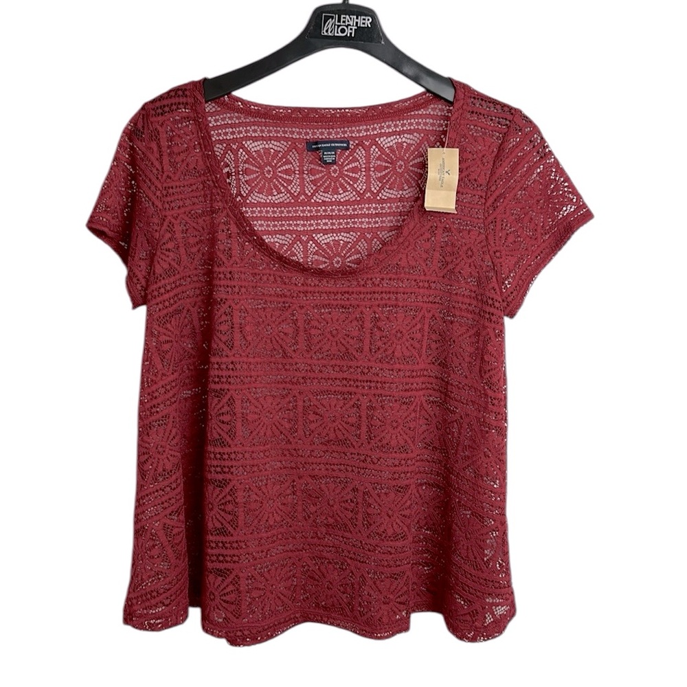 American Eagle Red All Over Lace‎ Swing Top M Short Sleeve Soft Sheer